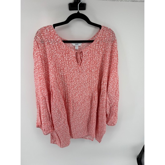croft & barrow Tops - Croft & Barrow Womens 3X Coral Floral Pintuck Tie Neck Rayon Blouse WC34W201PP